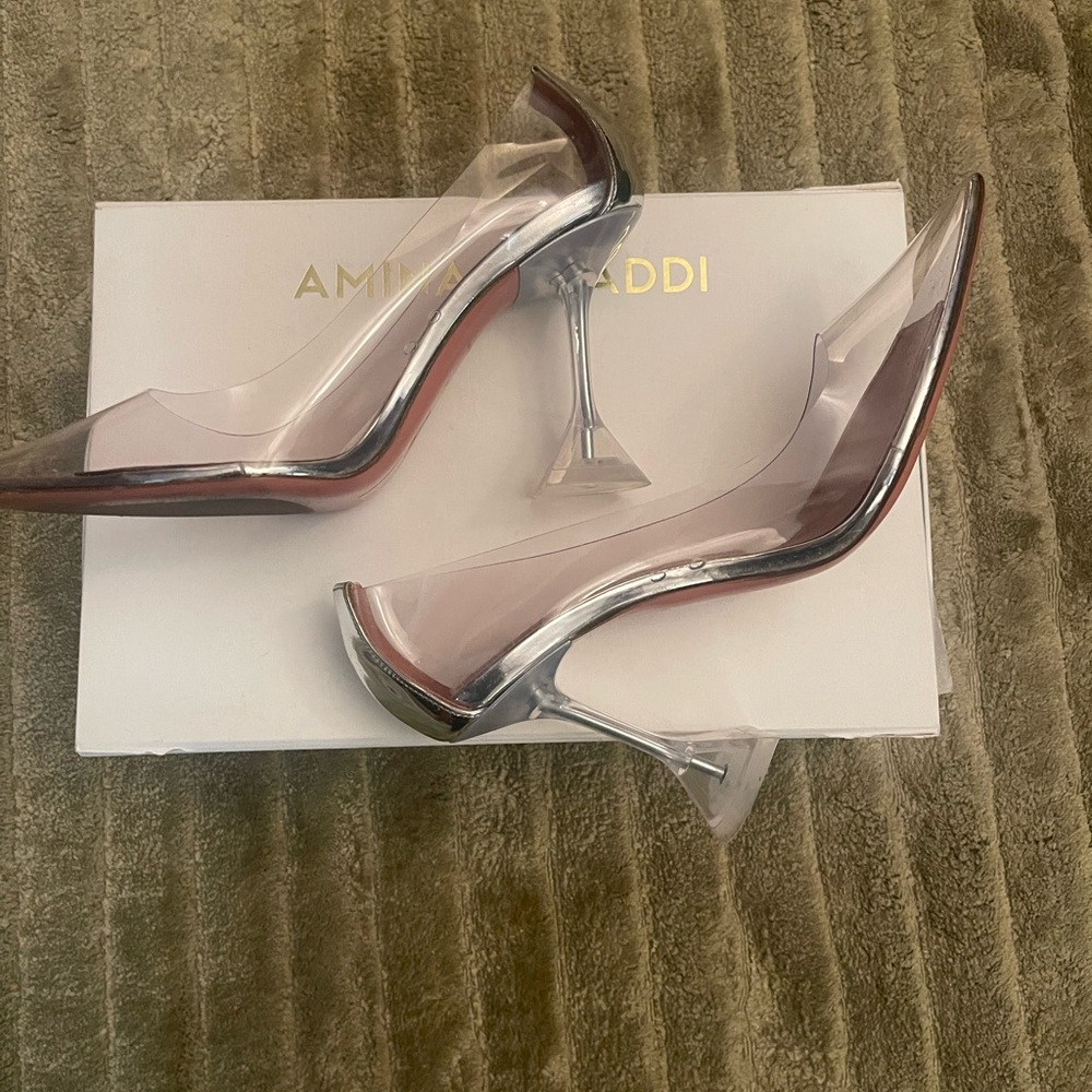 Amina Muaddi Silver and White Stiletto Heels